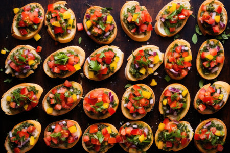 bruschetta arranged in a colorful pattern, lemon zest sprinkled, created with generative aiの素材
