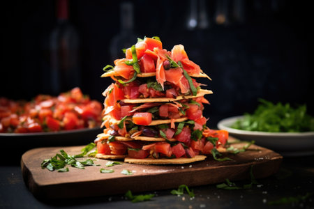 pile of bruschettas with a single one standing upright, created with generative aiの素材