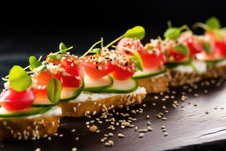 radish bruschetta garnished with sprouts and sesame seeds, created with generative aiの素材