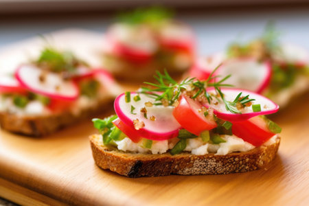 close-up of bruschetta topping with thinly sliced radish, created with generative aiの素材