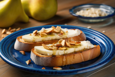 toasted bread with pear toppings on a blue dish, created with generative aiの素材