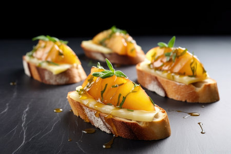 bruschetta with pear and melted cheese, grey backdrop, created with generative aiの素材