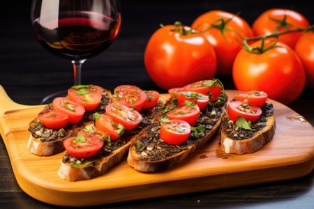bruschetta with truffle oil next to sliced tomatoes, created with generative aiの素材