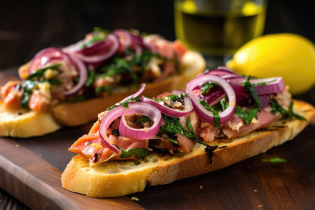 tuna bruschetta with red onion and lemon on side, created with generative aiの素材