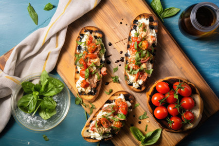 flat lay of tuna bruschetta spread on a blue cloth, created with generative aiの素材