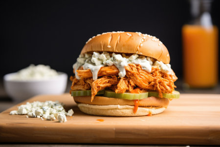 buffalo chicken sandwich on a burger stand, created with generative aiの素材