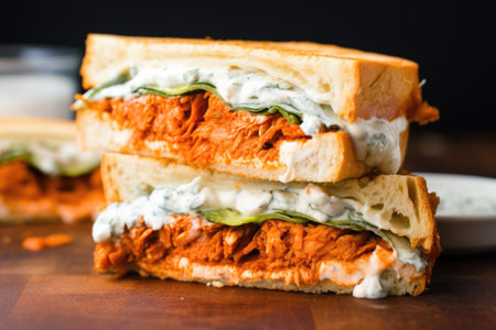 close up of a buffalo sandwich with extra buffalo sauce, created with generative aiの素材