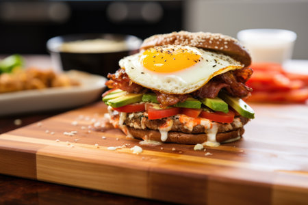 gourmet burger with fried egg, avocado, bacon, and sriracha mayo, created with generative aiの素材