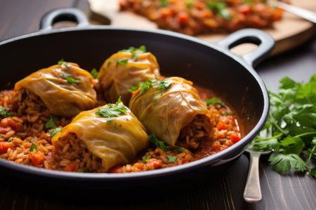 vegetarian cabbage rolls with lentil and mushroom filling, created with generative aiの素材