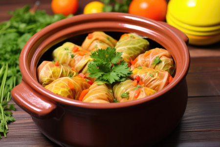 cabbage rolls arranged in a colorful clay pot for cooking, created with generative aiの素材