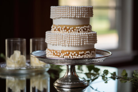 three-tiered wedding cheesecake with edible white pearls, created with generative aiの素材