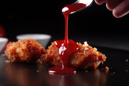 tweezers picking up a nugget drenched in ketchup, created with generative aiの素材