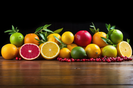 pomegranates, limes, lemons, and oranges arranged in a row, created with generative aiの素材