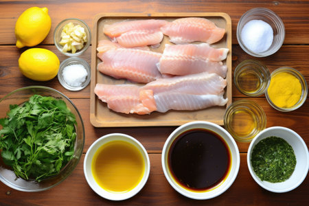 birds eye view of marinade ingredients and fish on a table, created with generative aiの素材
