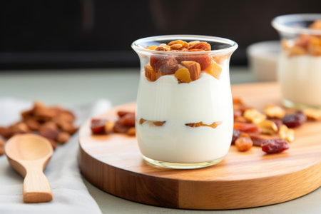 creamy coconut yogurt with mixed dried fruit on top, created with generative aiの素材