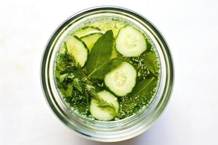 overhead shot of a glass, infusing cucumber and mint in water, created with generative aiの素材