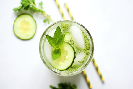 top view of a cucumber and mint infused water in a fancy glass with a straw, created with generative aiの素材