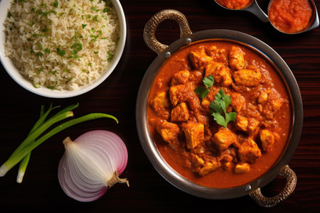 aerial view of a plate of chicken vindaloo, created with generative aiの素材