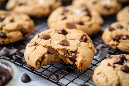 close-up of chocolate chip cookies on a cooling rack, created with generative aiの素材