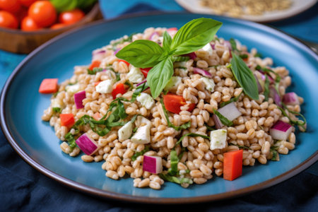 farro salad with a high angle view on a blue plate, created with generative aiの素材