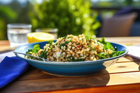 a blue bowl of farro salad on a sunny outdoor table, created with generative aiの素材