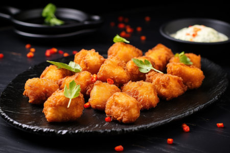 boneless fried chicken bites on a black plate, created with generative aiの素材