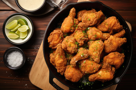 overhead shot of skillet with sizzling fried chicken, created with generative aiの素材