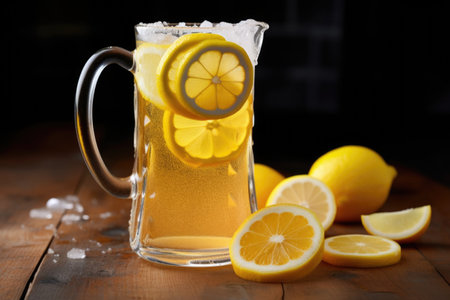 a jug of lager with lemon slices around the rim, created with generative aiの素材