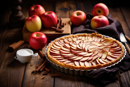 apple tart on a rustic wooden table with a pastry cutter, created with generative aiの素材
