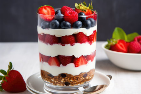 greek yogurt parfait layered with quinoa and berries, created with generative aiの素材