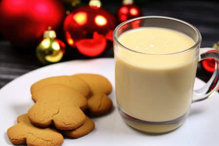 eggnog in a white mug next to a plate of cookies, created with generative aiの素材