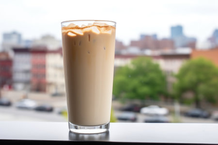 iced chai latte on a windowsill with a cityscape background, created with generative aiの素材