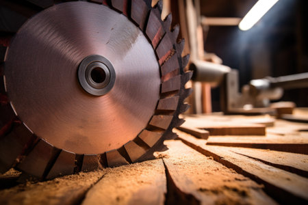 close-up of circular saw blade on wood, created with generative aiの素材