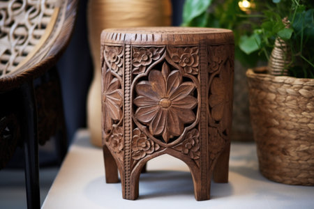 a close-up shot of a wooden stool with detailed carvings, created with generative aiの素材