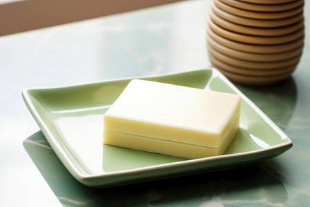 a spotless ceramic soap dish with a new bar of soap, created with generative aiの素材