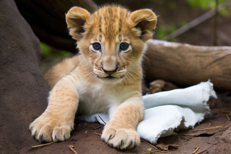 lion cub sporting a bandage on the leg, created with generative aiの素材