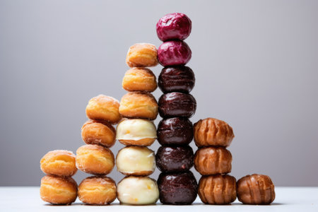 stacked doughnuts in diverse sizes in a line, created with generative aiの素材