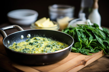 a pan of scrambled eggs with spinach on a kitchen stove, created with generative aiの素材