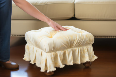 spot-cleaning a tufted cream ottoman with a cloth, created with generative aiの素材