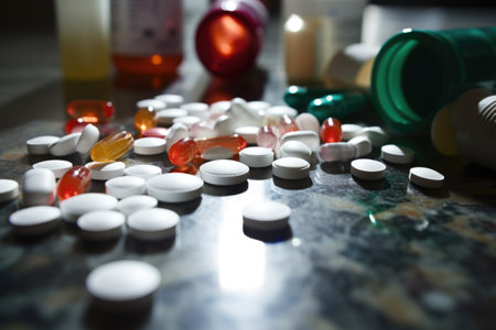 medication pills scattered across a counter, created with generative aiの素材