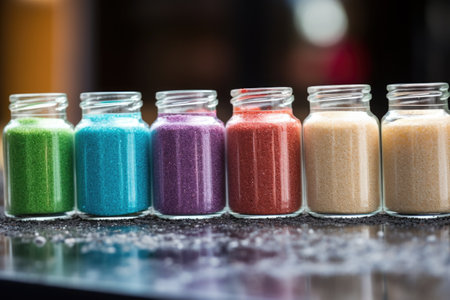 a row of jars containing different colored sands, created with generative aiの素材