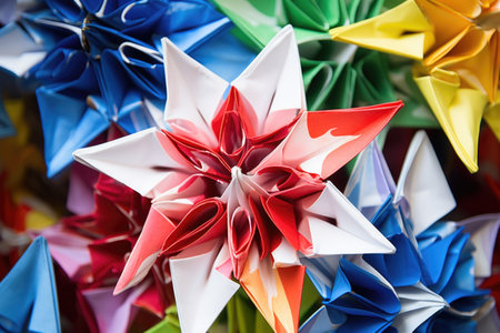 colorful origami paper folded into cranes, created with generative aiの素材