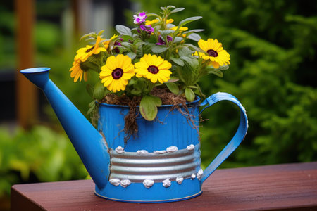 a watering can re-purposed into a blooming flower pot, created with generative aiの素材