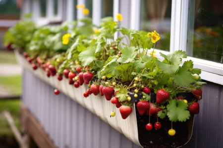 an old gutter re-purposed as a strawberry planter, created with generative aiの素材