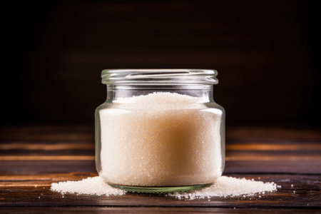 a clear glass jar filled with granulated sugar, created with generative aiの素材