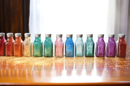 glass bottles of glitter lined up on a desk, created with generative aiの素材