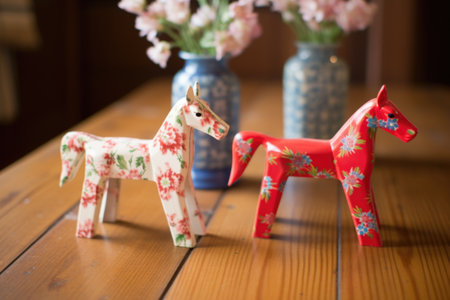 swedish dala horses on a pine wood surface, created with generative aiの素材