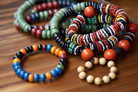 south african handmade bead jewelry on a bamboo mat, created with generative aiの素材