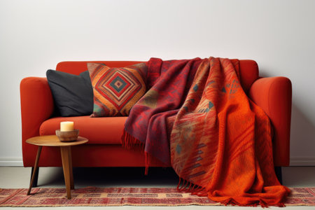 sofa against plain wall with one cushion and a folded blanket, created with generative aiの素材