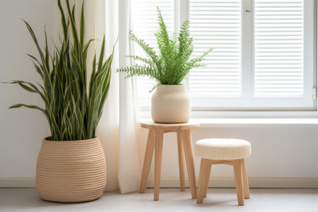 bright room with large window, a wooden stool and a plant, created with generative aiの素材